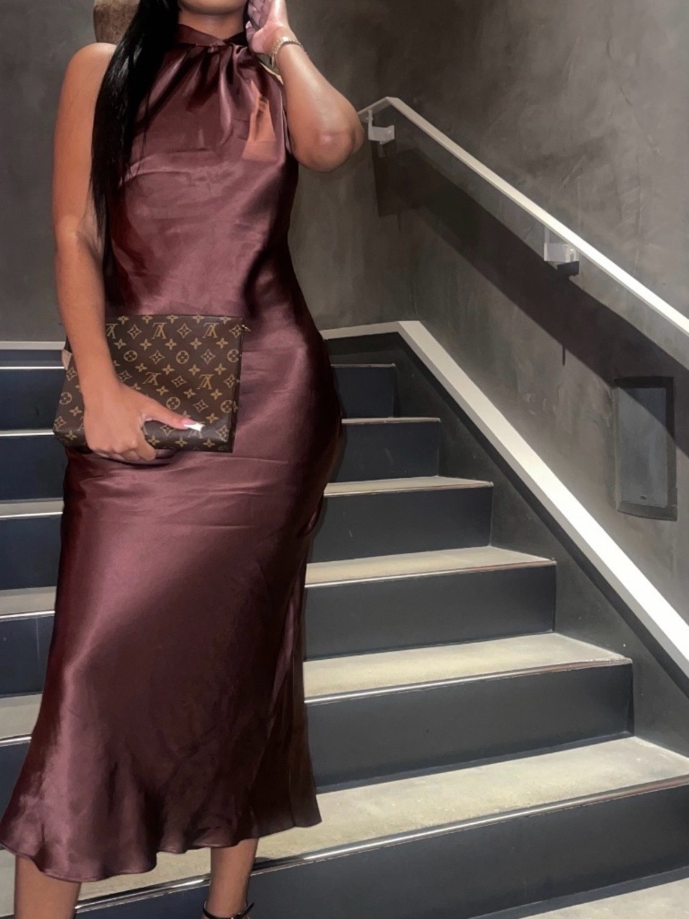 Zara Satin Midi Dress in Brown